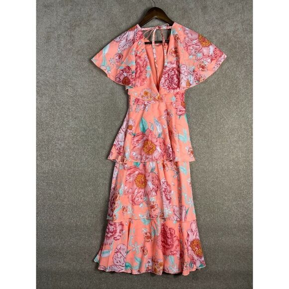 Asos Midi Dress Womens Size‎ 00 Pastel Floral Print Tie Open Back  Cape Draped - Picture 10 of 11